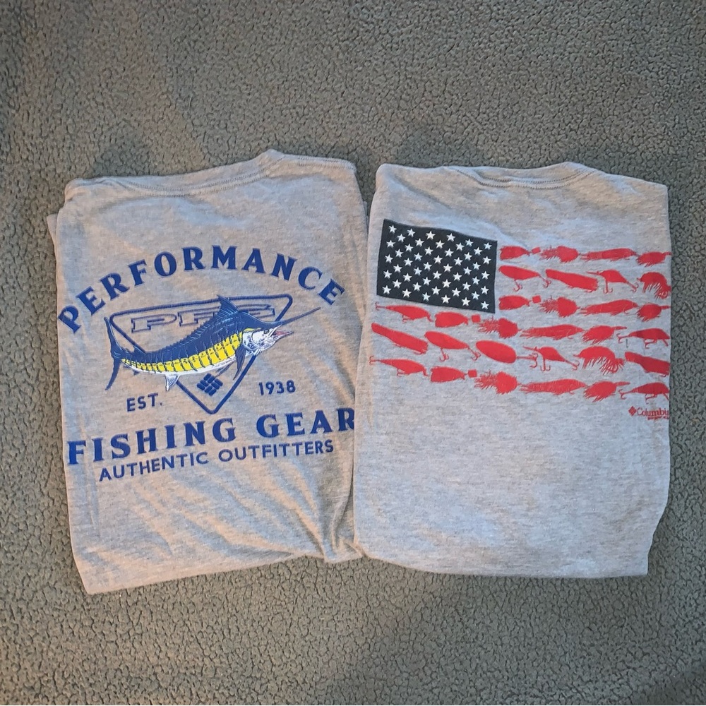 2 Mens Columbia PFG Fly Fishing Performance T Shirt Bundle Lot Gear